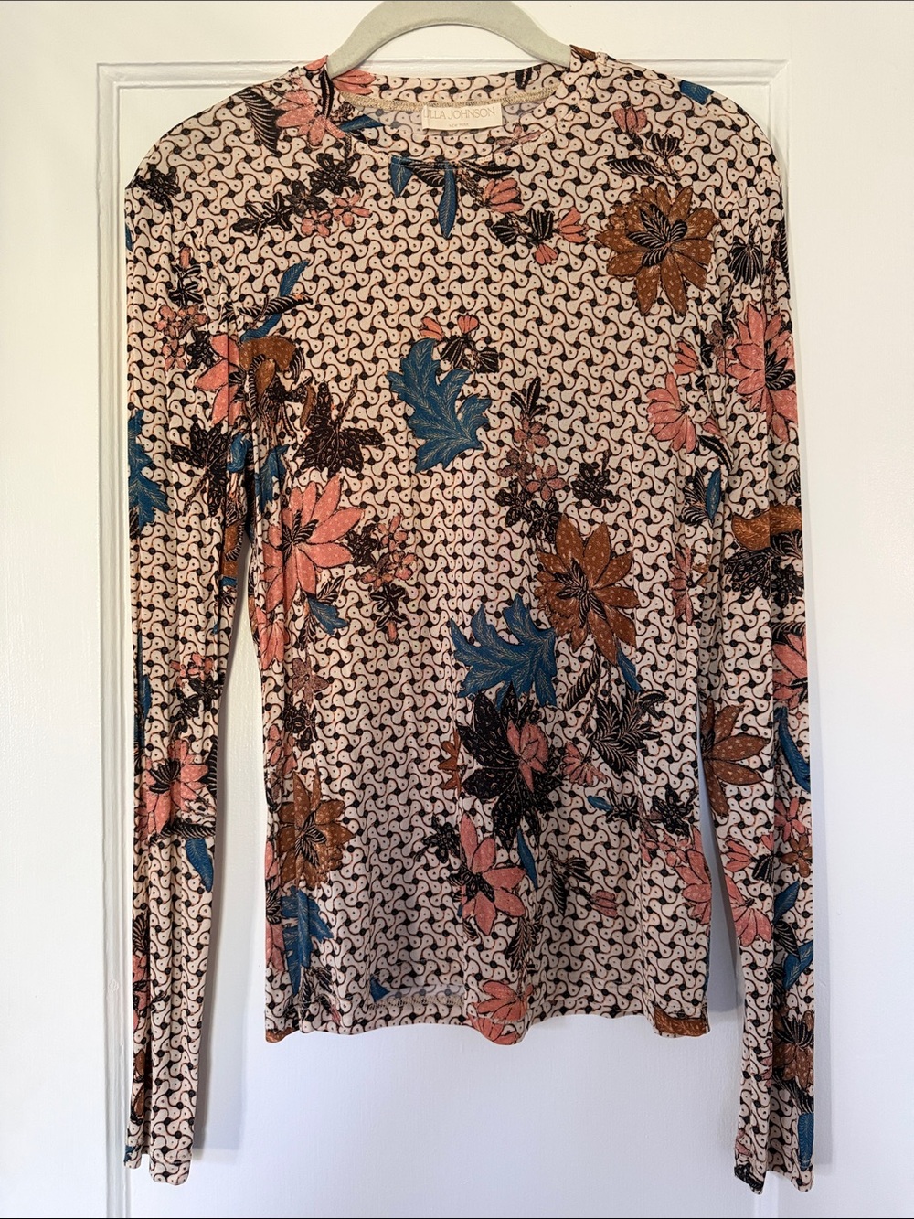 Ulla Johnson Eve Long-Sleeve Floral Crewneck Cream with Peach & Blue Accents